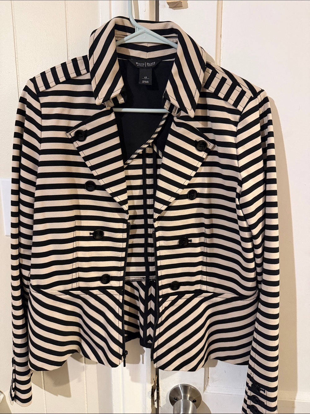 White House Black Market Black & Cream Striped Double-Breasted Peacoat Jacket